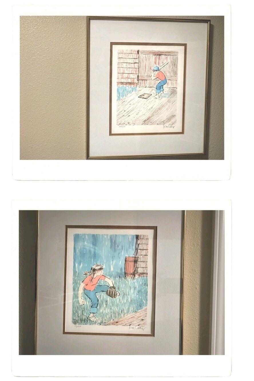 William Coty Original Colored Lithograph Wind Up Batter Up Signed Set/2 17x15"